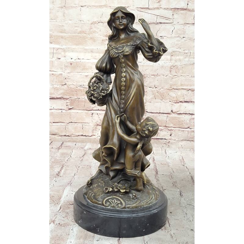 Young Woman W/ Flower Basket Winged Cherub Child - Bronze Sculpture By Milo
