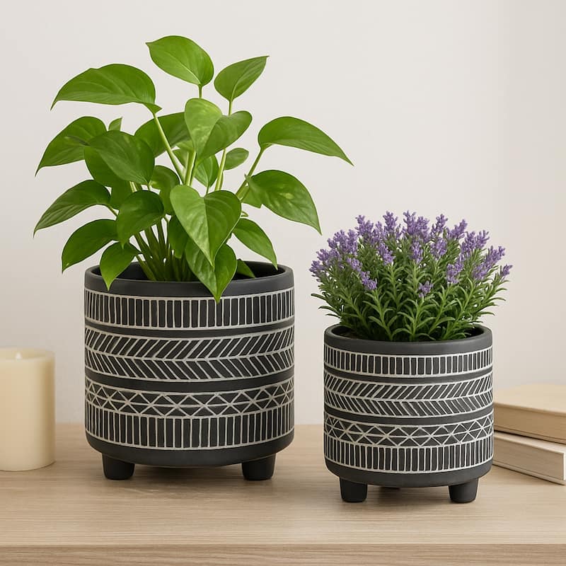 Ceramic Patterned Footed Planter - Set of 2 - 6" - 8"
