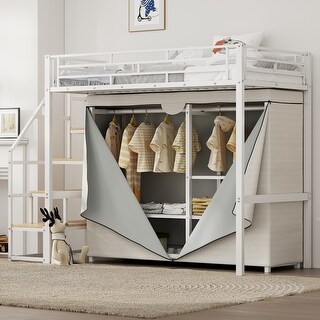 Twin/Full Size Metal Loft Bed with Wardrobe and Dust Bag, Multifunctional Bed Frame with Storage Staircase and Mesh Shelves