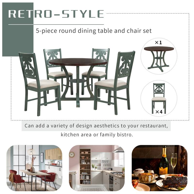 Antique Blue 5-Piece Wooden Dining Table Set with Round Table, 4 Chairs & Shelf