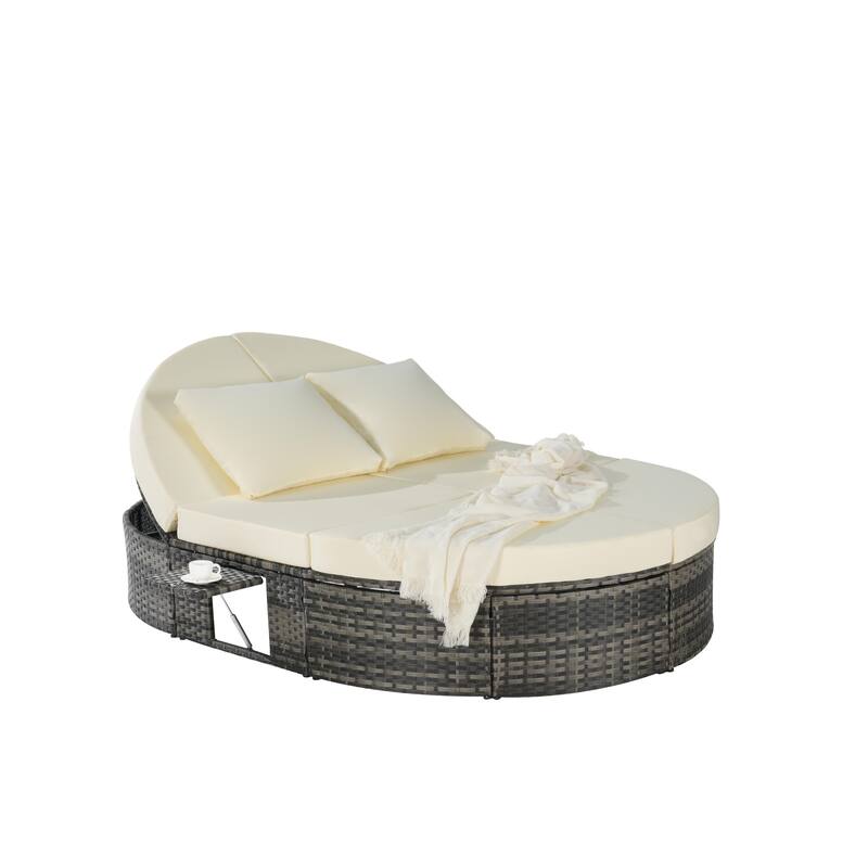 Outdoor Patio Rattan Round Daybed Sunbed with Adjustable Backrests and Foldable Cup Trays