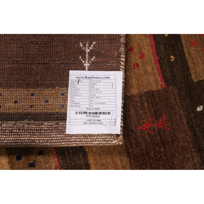 Striped Gabbeh Oriental Area Rug Hand-Knotted Brown Wool Carpet - 6'9" x 9'11"