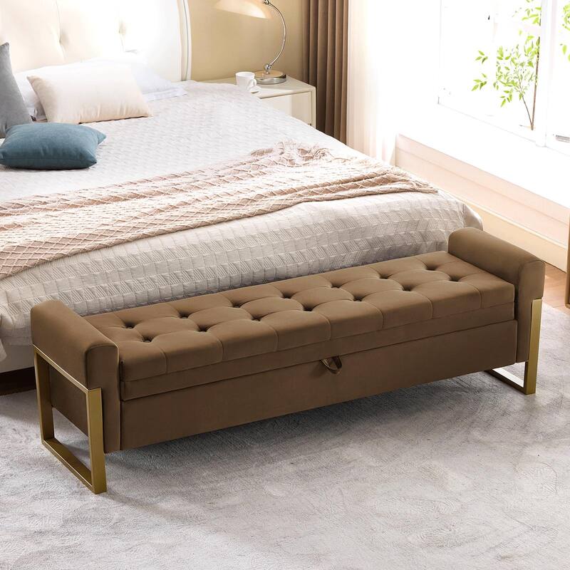 66" Storage Bench for Bedroom End of Bed with Single Lids and Gold Legs