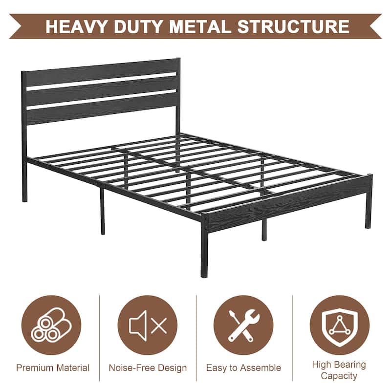 Javlergo Black Bed Frame with Wood Waterproof Scratch-Resistant Headboard Strong Metal Slats Support No Box Spring Needed