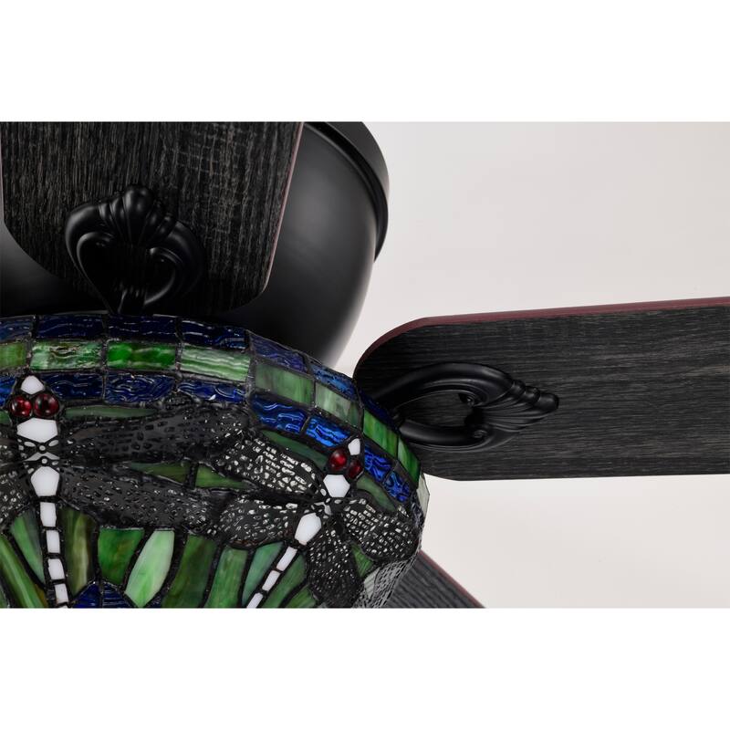 Penana 52-Inch Flushmount Lighted Ceiling Fan Green Blue Dragonfly Tiffany Glass Lamp Black Finish