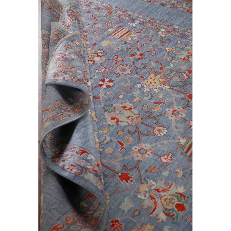 Hand Knotted Oriental 100% Wool Carpet Modern All-Over Navy Blue & Blues Art & Craft Area Rug - 12' 2'' X 8' 9''