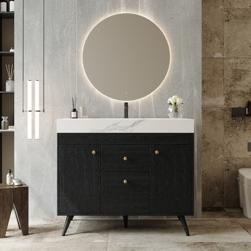 36" Modern Freestanding Bathroom Vanity with Sintered Stone Top & Ceramic Sink, Smart Storage Design & Drawers - Black+White