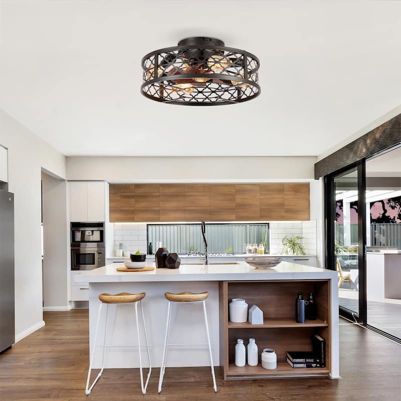 20 inch Flush Mount Ceiling Fan Light with Remote Caged Farmhouse Fandelier Black Wood Low Profile