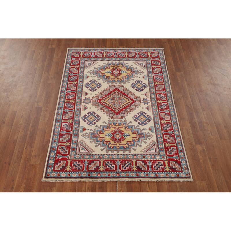 Beige / Ivory Kazak Accent Rug Hand-Knotted Wool Carpet - 4'1" x 5'10"
