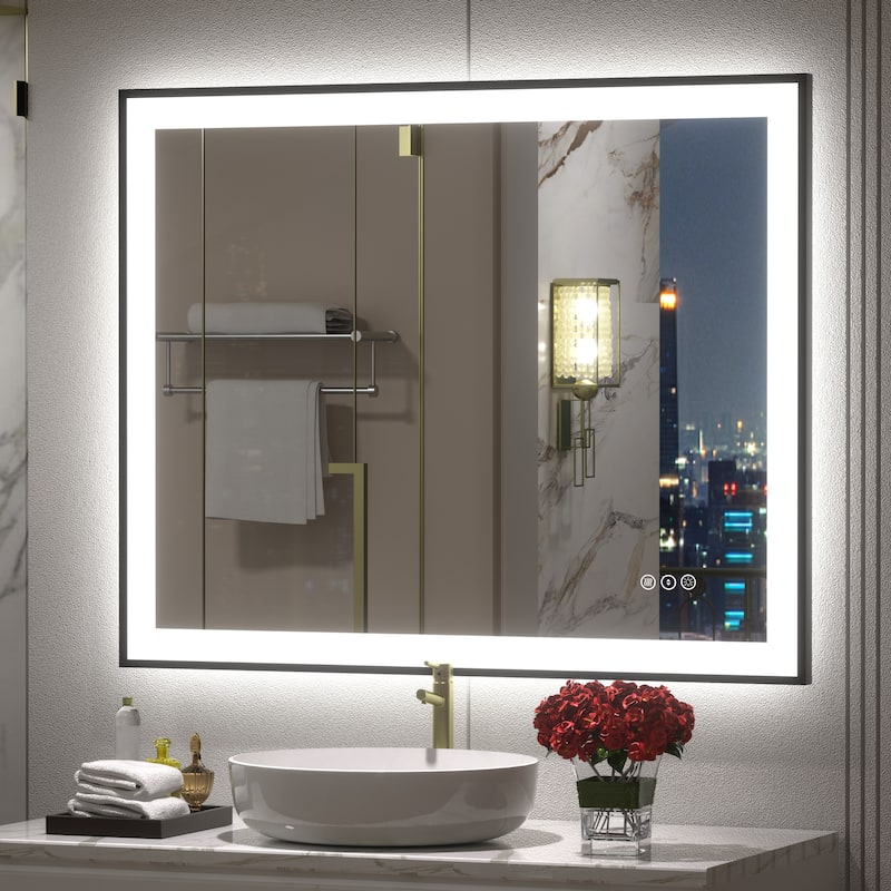Front & Back LED Anti-Fog Tempered Glass Framed Bathroom/Vanity Mirror 3-Year Warranty - 40" x 32"-Square Corner - Black
