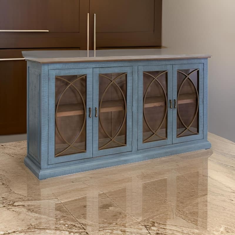 Miln 77 Inch Sideboard Console, Blue Pine Wood, 4 Doors, Gold Accents