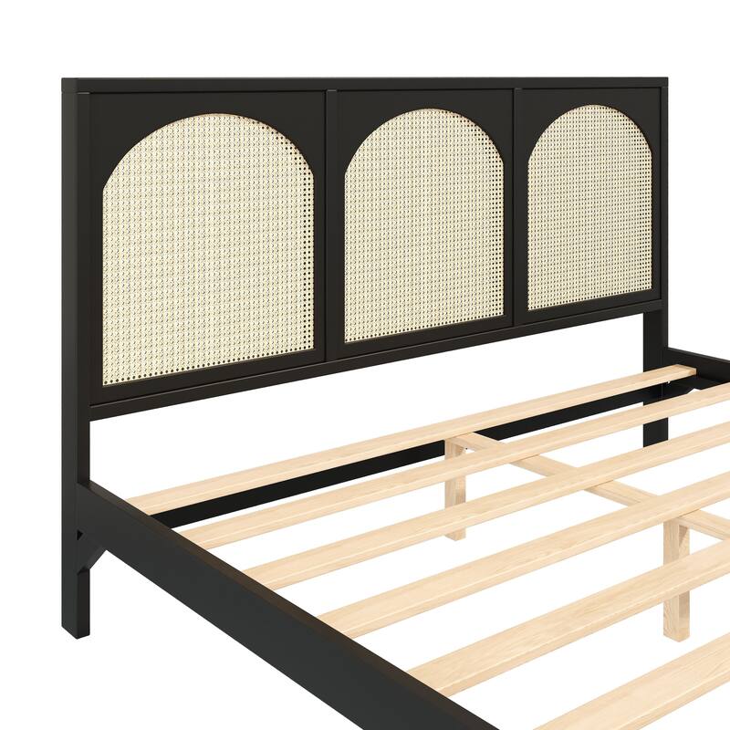 Roomfitters Queen/King Wood Platform Bed with Rattan Headboard and Footboard
