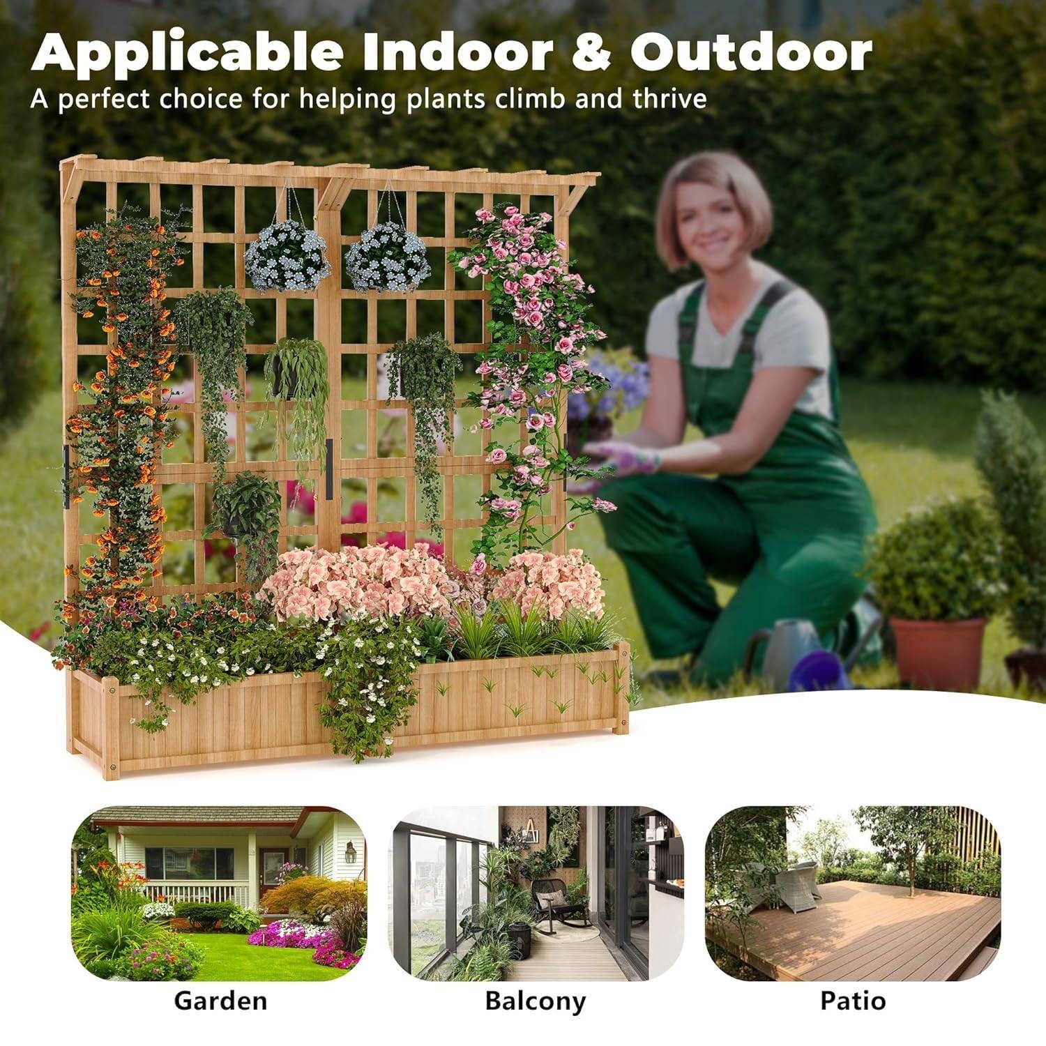 Outdoor Dual Planter Box with Trellis for Climbing Plants - 1 PC - Brown, image size:1500x1500