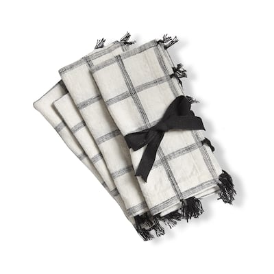 Tassel Check Cotton Machine Washable Napkin Set of 4 Black Multi - 20 x 20