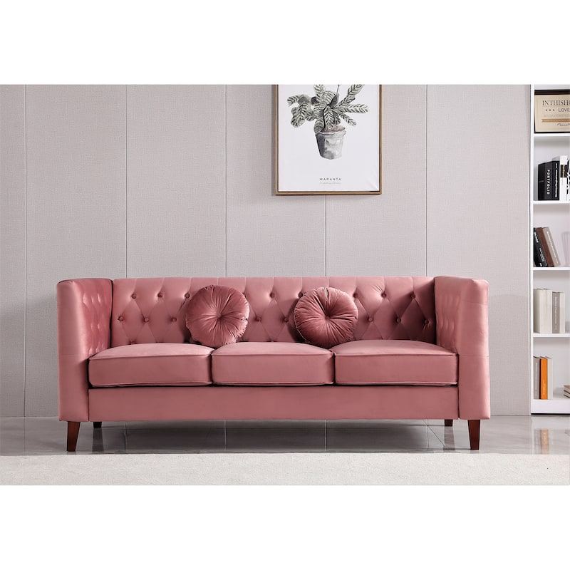US PRIDE FURNITURE Velvet Classic Chesterfield Sofa with Wood legs - Rose