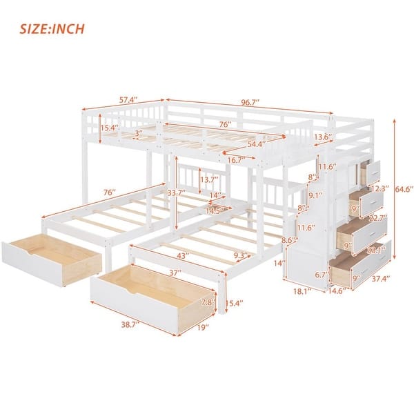 Full Over Twin & Twin Bunk Bed, Wood Triple Bunk Bed with Drawers and Guardrails
