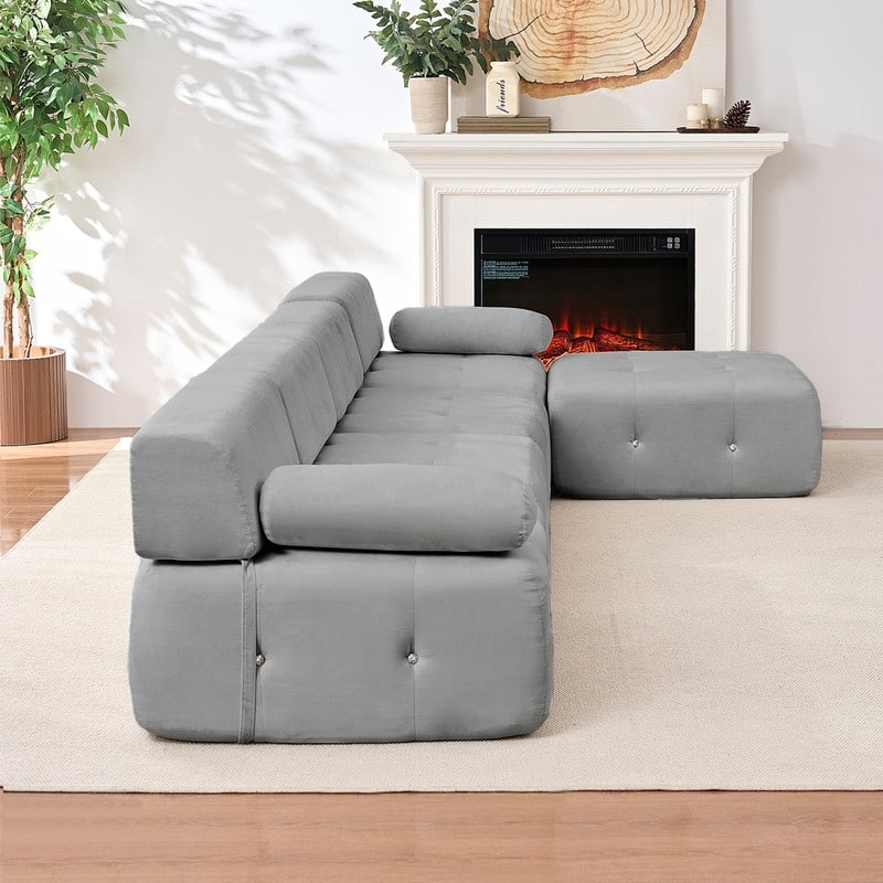 Mixoy 134inch Modular Sectional Sofa with Ottoman,Velvet L-Shaped Couch Indoor for Living Room - 133.9"w x 66.9"D x 24.8"H