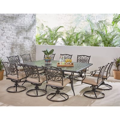 Hanover Traditions 11-Piece Dining Set in Tan with Ten Swivel Rockers and an Extra-Long Dining Table