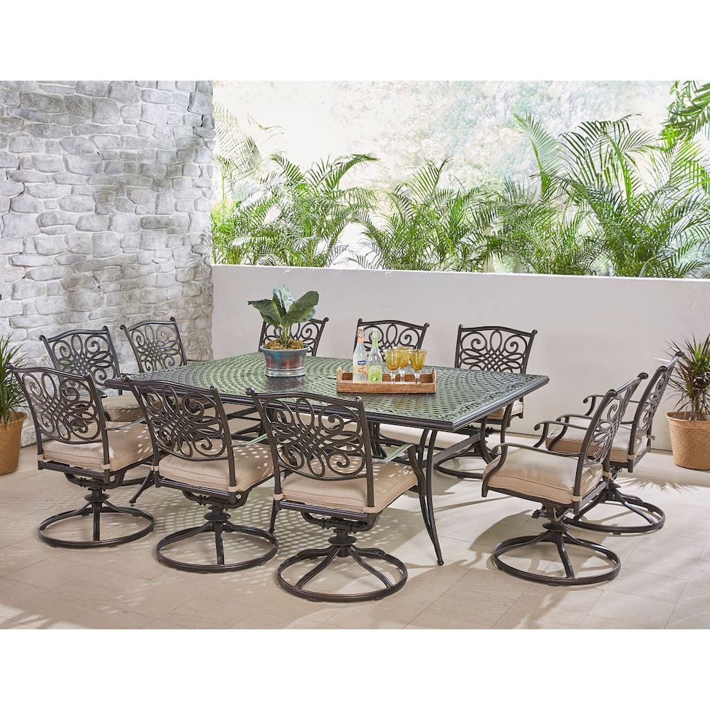 Hanover Traditions 11-Piece Dining Set in Tan with Ten Swivel Rockers and an Extra-Long Dining Table