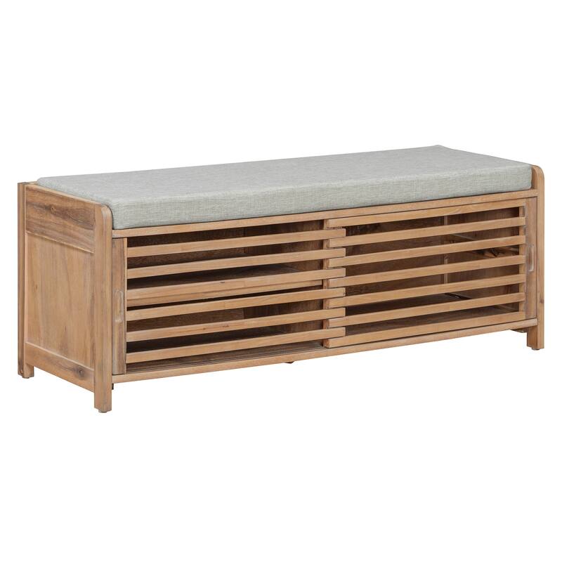 Entryway Bench Storage Shoe Bench w/ Cushion & Sliding Door, Shoe Cabinet Organizer for Living Room, 15.4" W x 43.3" D x 16.5" H