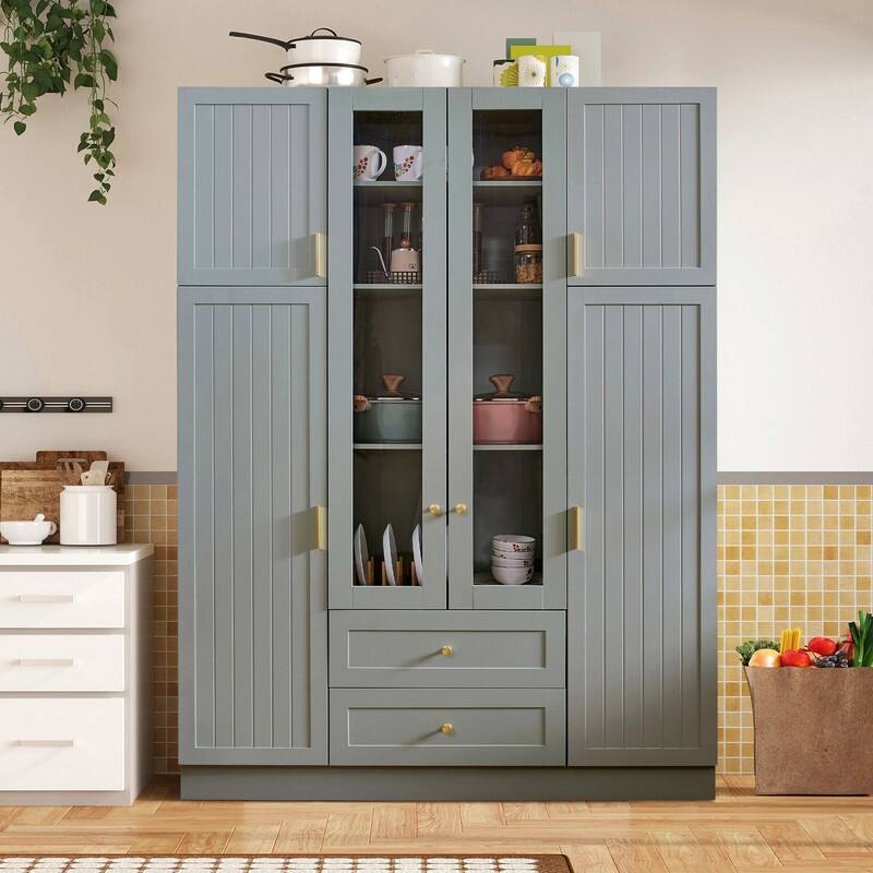 Modern 71" Tall Kitchen Pantry with Storage Cabinet, 6 Doors , Drawers, Adjustable Shelves,Pull-out Trays and Wine Rack - Green