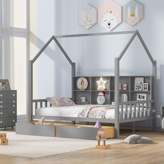 Gray Wooden House Bed with 2 Drawers, 8 Storage Shelf, Kids Bed