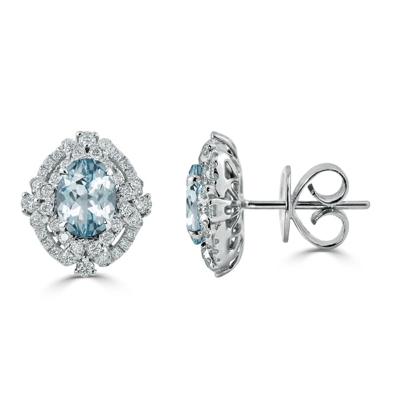 Auriya 1 1/3ct Vintage Oval-cut Aquamarine Halo Diamond Stud Earrings 5/8ctw 18k Gold