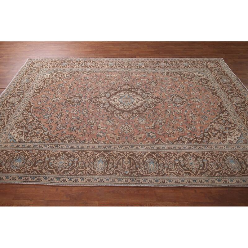 Traditional Pink Mashad Persian Vintage Rug Handmade Wool Carpet - 6'5"x 9'5"