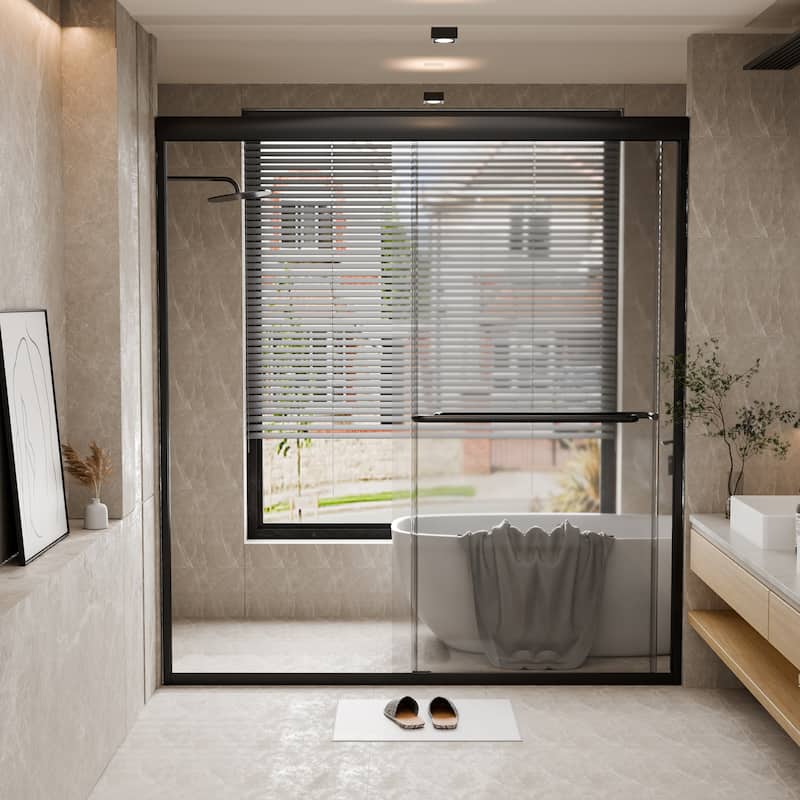 45''/54''W x 70'' H Glass Double Sliding Shower Door in Black/Chrome