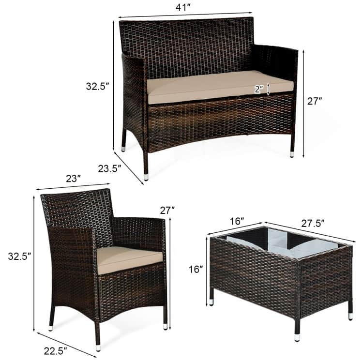 Rattan Patio Conversation Furniture Set with Glass Table and Comfortable Sofa - 4 Pcs