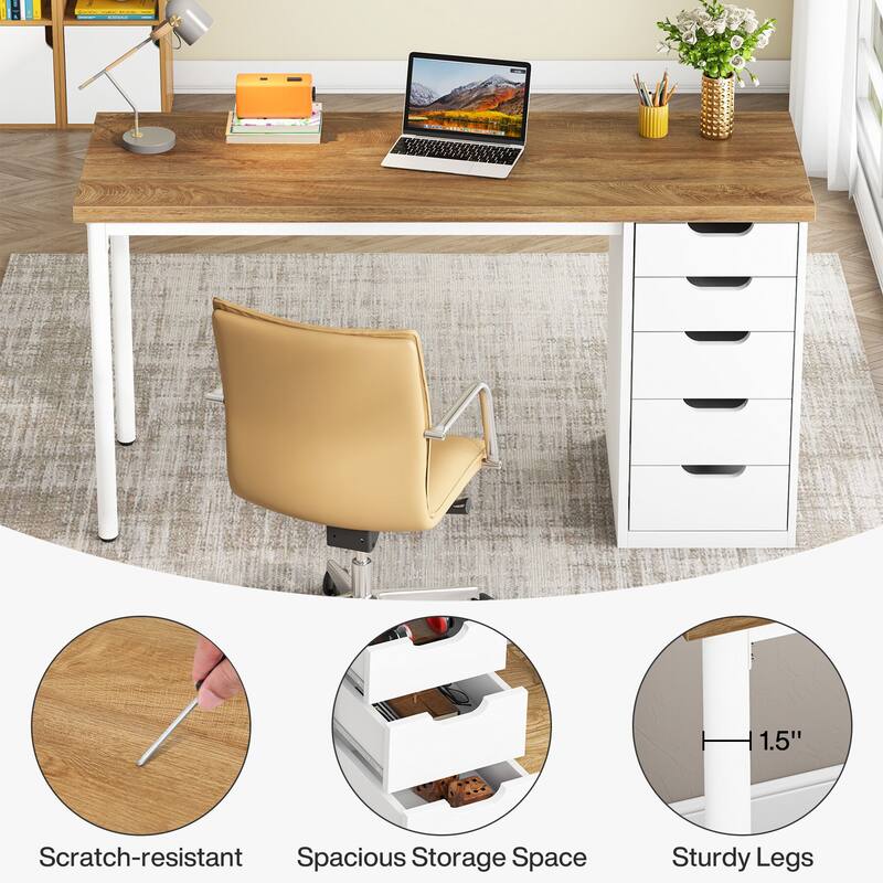Computer Desk with 5 Drawers, 47 inches Rustic Brown Home Office Desk