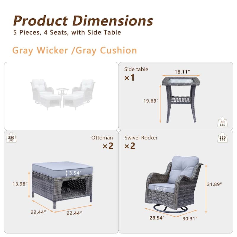 5 Piece Outdoor Wicker Patio Swivel Chair with Ottoman Conversation Set
