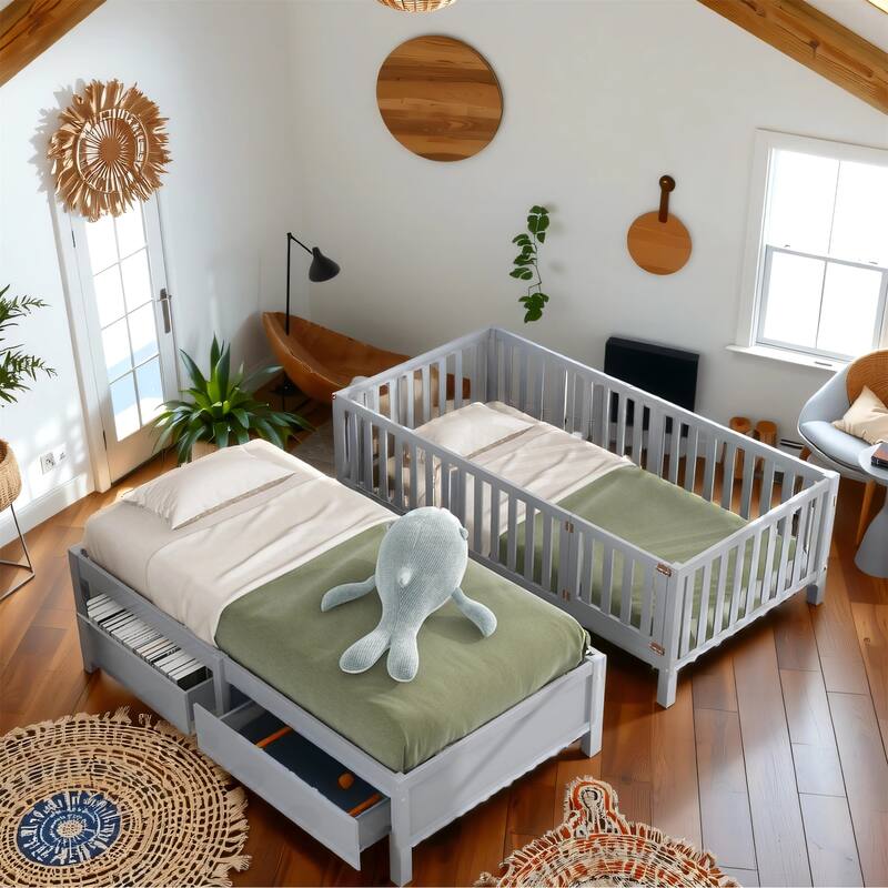 Twin Size Wood Daybed with Fence Guardrails and 2 Drawers