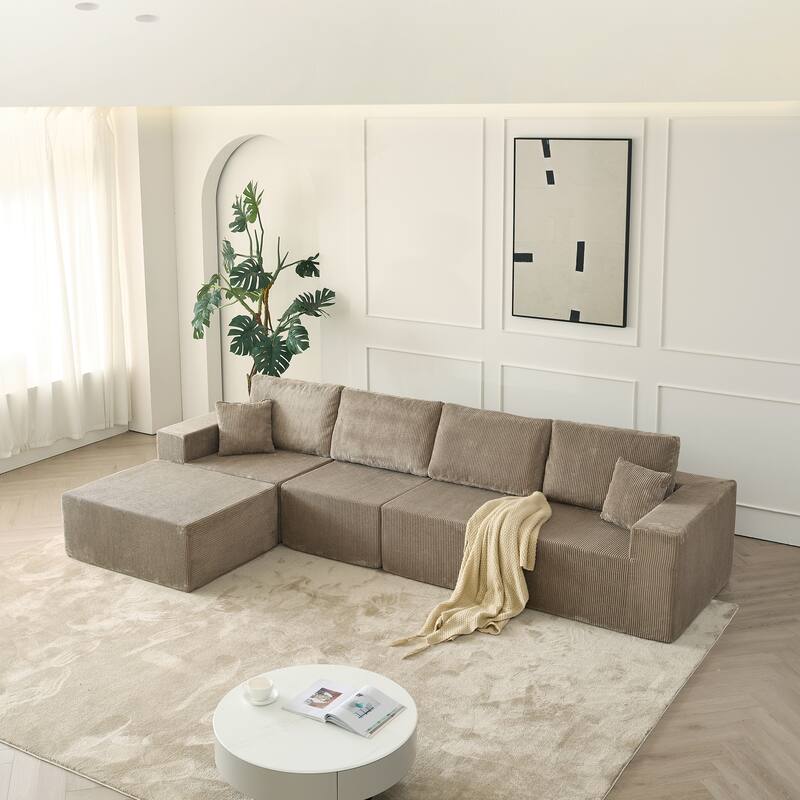 Modular L Shaped Sectional Sofa with Ottoman, Corduroy Boneless Cloud Sofa, 4 Seater Compressed Sofa with 2 Pillows - Grey