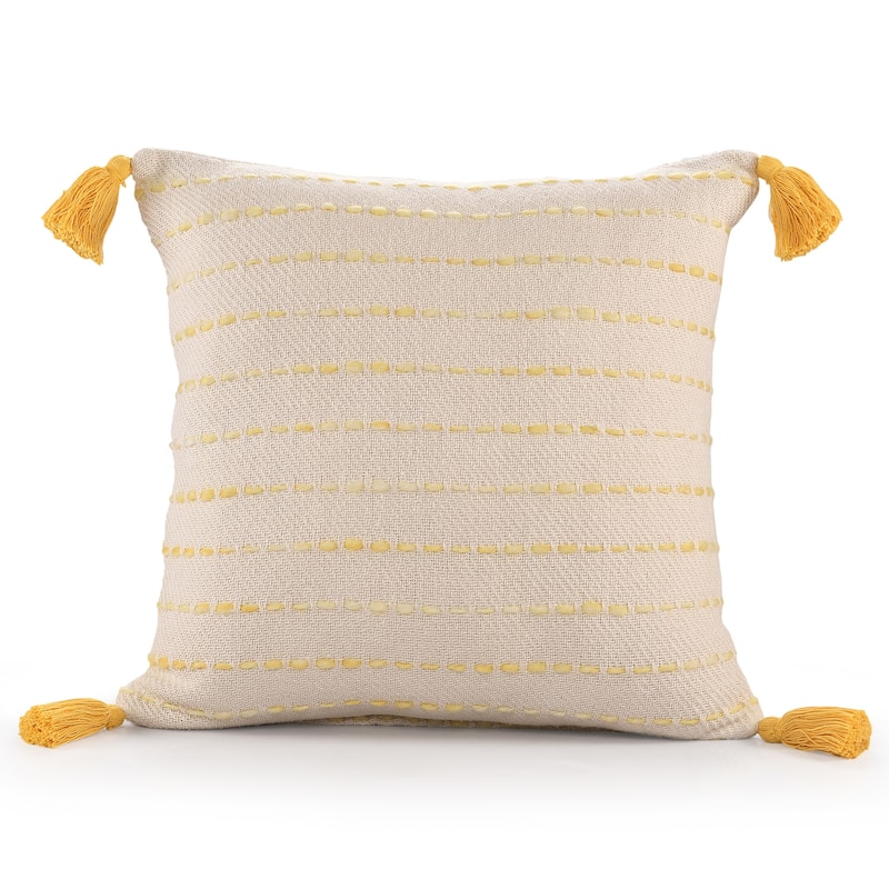 Sevita Torrent Variegated Stripe Cotton Blend Handmade 20"x20" Throw Pillow, with Tassels - Golden Yellow/Ivory