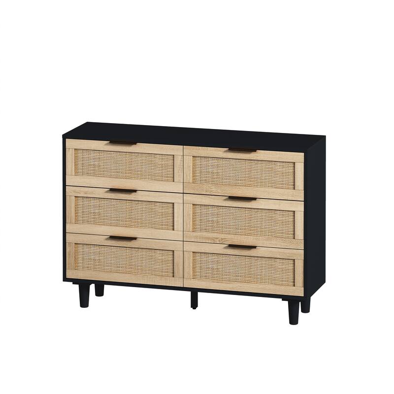 Wood Rattan Dresser with 6 Drawers, Modern Large Storage Cabinet