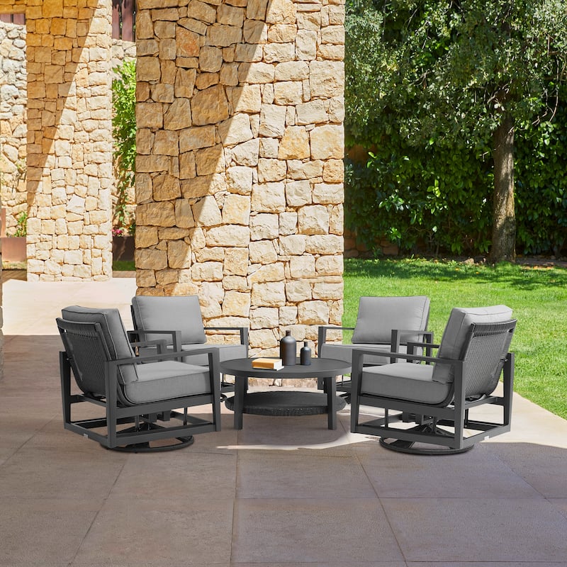 Grand Black Aluminum and Wicker Outdoor 5-Piece Swivel Glider Chat Set - Black