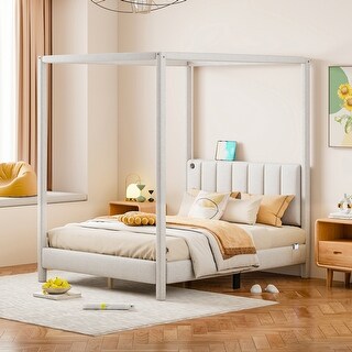 Modern Full Size Canopy Bed with USB & Type-C Ports, Canvas Upholstery, and Storage Pockets, Sturdy Pine Frame