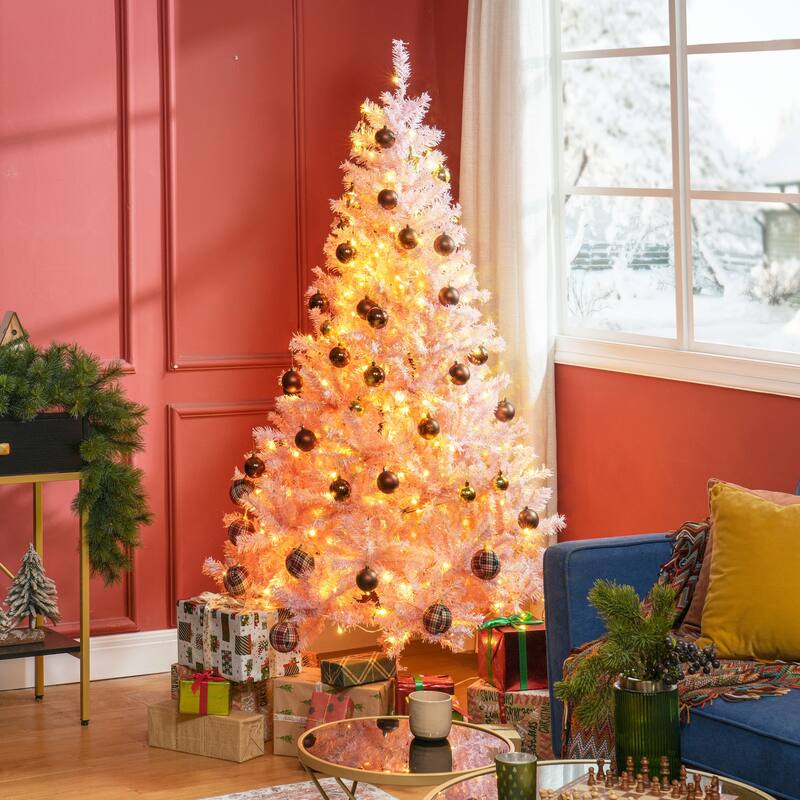 6' Tall Prelit Christmas Tree Douglas Fir Artificial Christmas Tree with Realistic Branches, 250 Warm White LED Lights - Pink