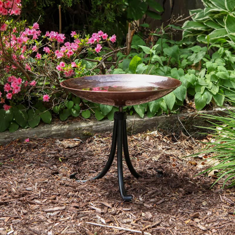 Achla Designs 14"W Round Burnt Copper Stainless Steel Birdbath w/ Black Wrought Iron Tripod Stand