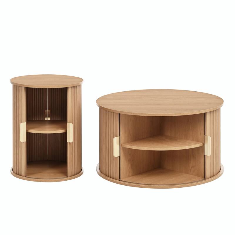 Mid-Century Coffee Table Set with Sliding Tambour Door - Round Fluted End Table with Storage