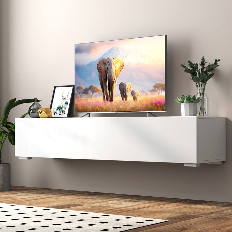 Anmytek Glossy White TV Stand Wall Mount Floating Console Modern Media Storage Cabinet