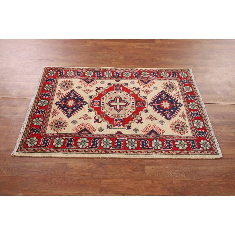 Traditional Beige Kazak Foyer Rug Hand-Knotted Wool Carpet - 2'8" x 3'11"