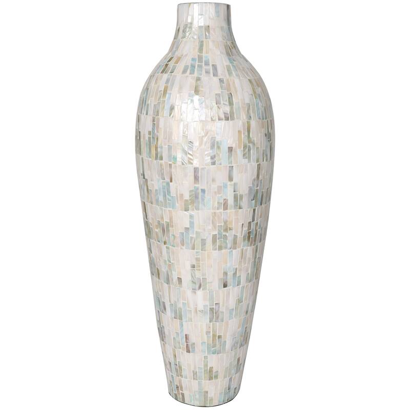 Mother of Pearl Shell Handmade Mosaic Inspired Decorative Vase with Pastel Blue and Pink Accents - White - Roche River Decor