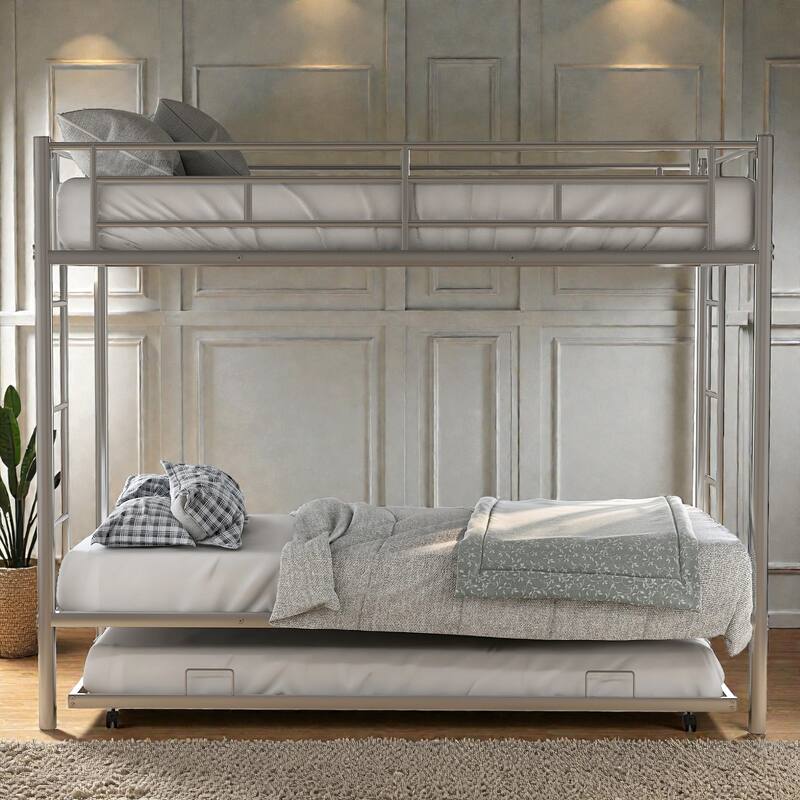 Twin over Twin Metal Bunk Bed with Trundle, Space Saving Bunk Bed with Ladder and Guardrails