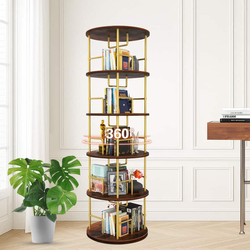 GDF Studio - Fremont Modern 5-Tier Wood and Metal Rotating Bookshelf with 360-Degree Swivel Design