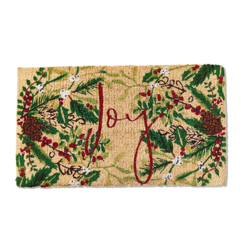 1'6" x 2'6" Red Joy Sprig Sentiment Holly Rectangle Indoor Outdoor Coir Door Welcome Mat Multicolored on Beige Background