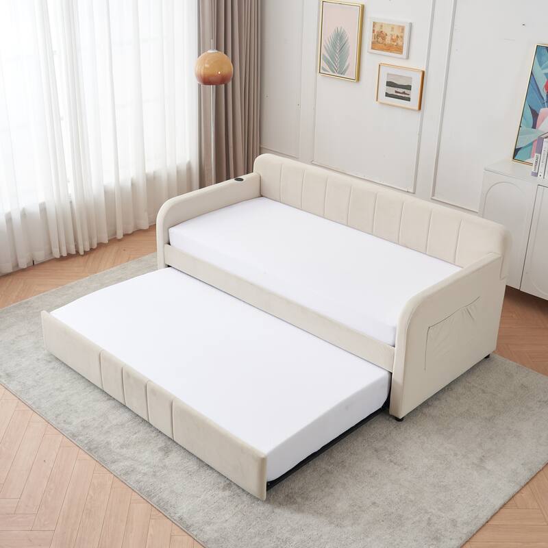 Twin Size Velvet Upholstered Daybed, Wood Sofa Bed Frame Daybed Couch with Trundle Bed and Wood Slat