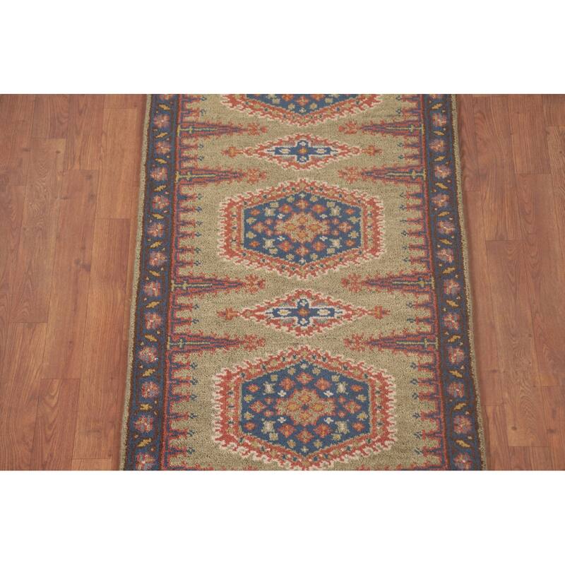 Green Geometric Kazak Oriental Runner Rug Wool Carpet - 2'6"x 9'9"