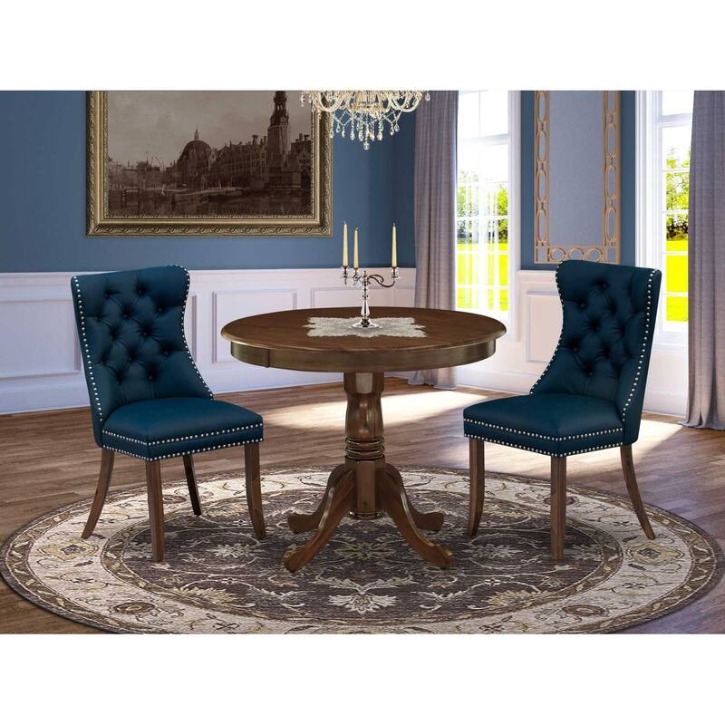 3-Piece Antique Walnut Finish Solid Wood Top - Round Upholstered Dining Room Set - Seats-4